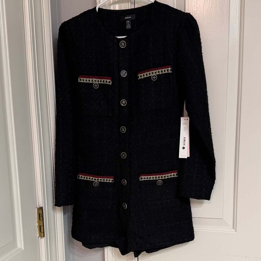 NWT XS Aqua Black Tweed Romper
